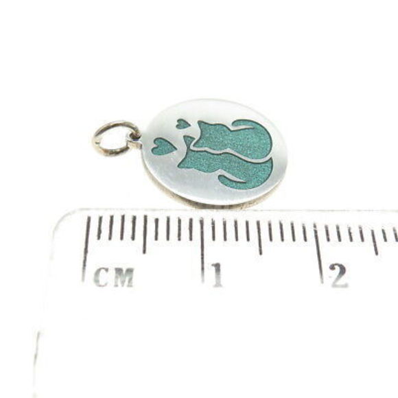 925 Sterling Silver Green Enamel Cat Couple Minimalist Round Tag Charm Pendant - Picture 3 of 7